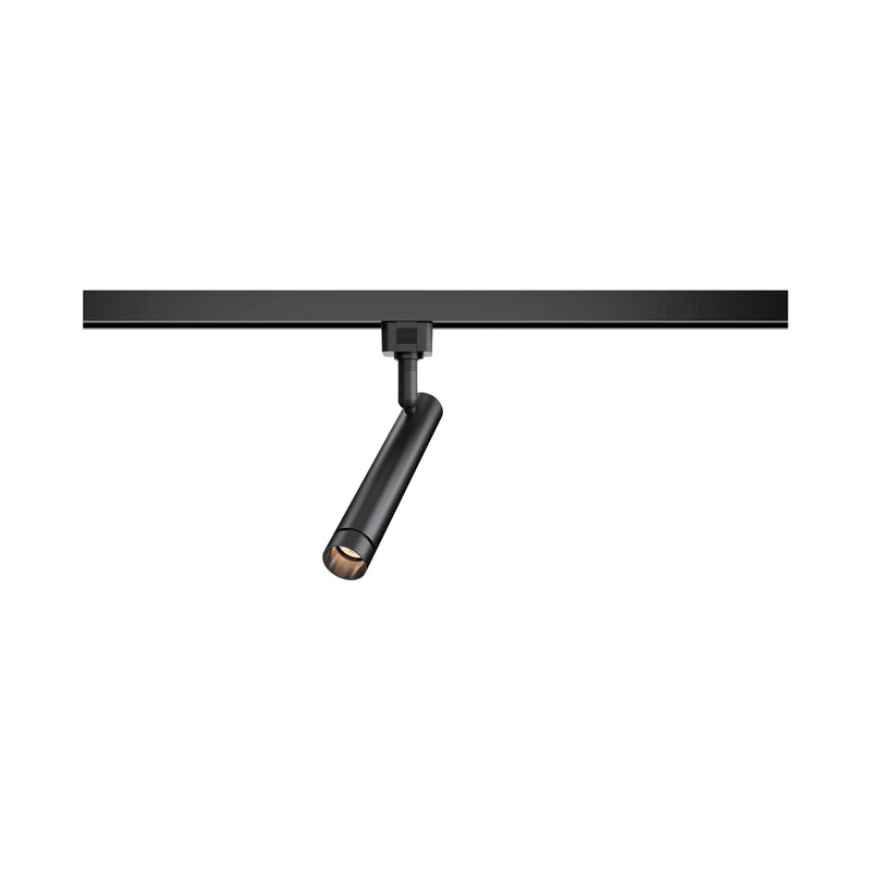 A modern black linear track light with a single adjustable spotlight head, shown against a solid white background.