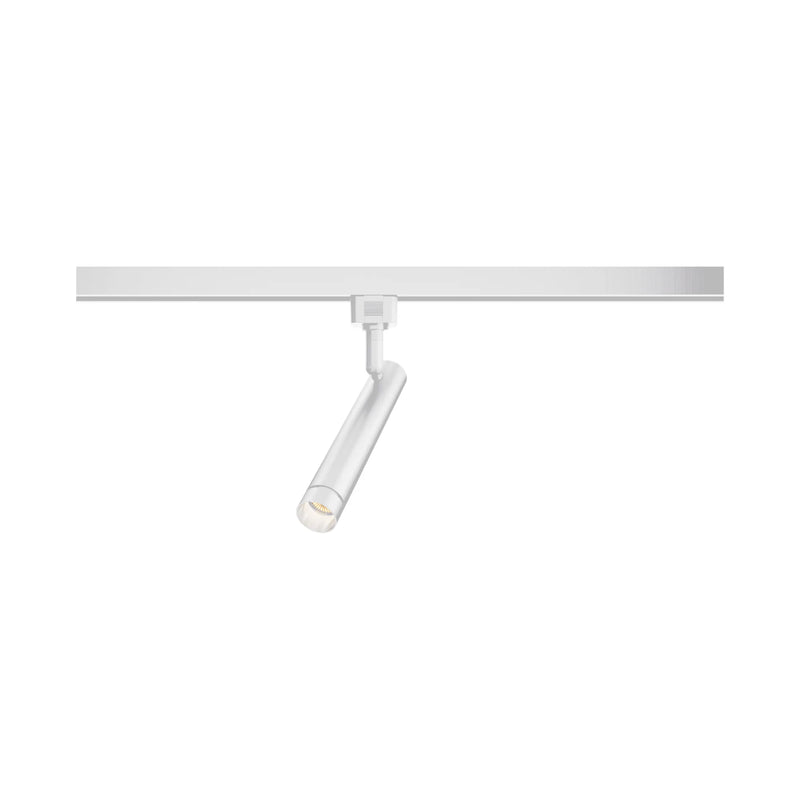 A modern linear track light fixture in a clean white finish, featuring a horizontal bar with a single adjustable spotlight head angled downward, shown against a solid white background.
