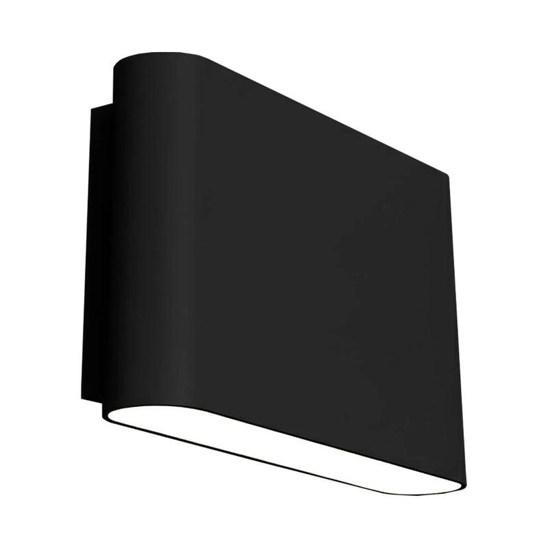 A modern black wall-mounted light fixture with a curved rectangular shade and a horizontal white LED light strip underneath, shown against a plain white background.
