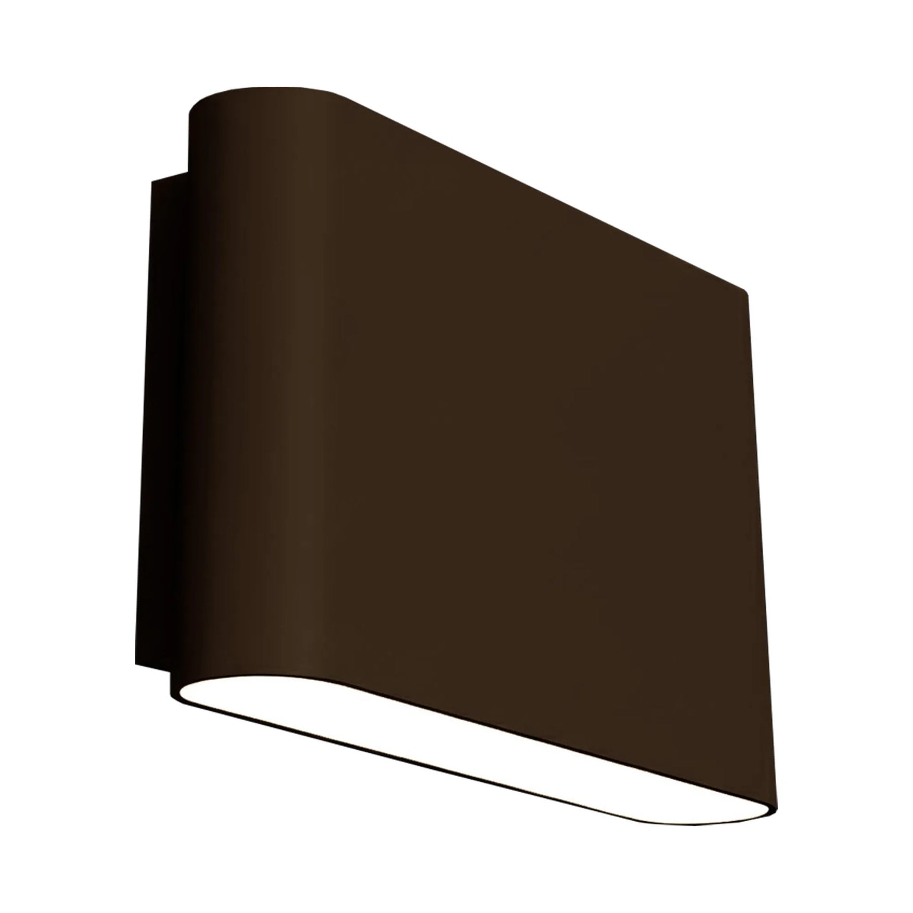 A modern wall-mounted light fixture with a matte bronze finish and a curved horizontal light strip, shown against a plain white background.