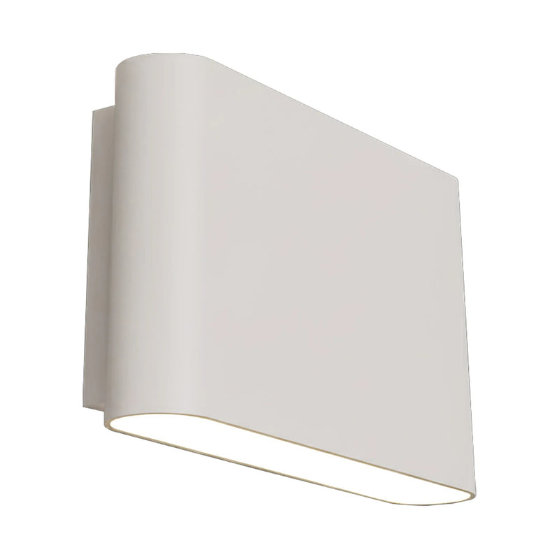 A modern wall-mounted light fixture with a curved, rectangular white shade and a glowing linear LED light strip at the bottom, shown against a plain white background.
