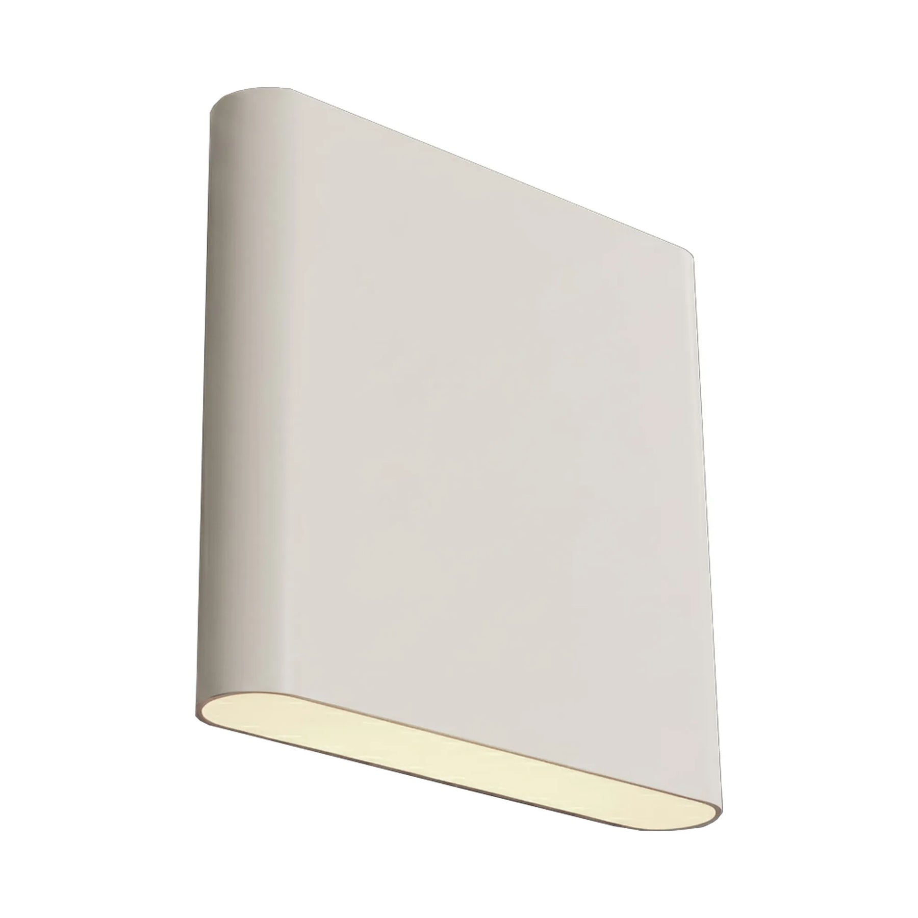 A modern rectangular wall sconce light fixture with a matte off-white finish and a warm glowing light diffuser on the underside, shown against a plain white background.