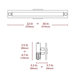Technical dimension diagram of a vanity light set showing front and side views with measurements labeled 22 in / 36 in and 3.5 in / 4.