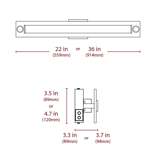 Technical dimension diagram of a vanity light set showing front and side views with measurements labeled 22 in / 36 in and 3.5 in / 4.