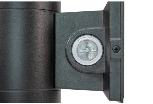 Close-up of a black cylindrical outdoor wall light fixture with an adjustable arm and a circular lens, shown against a white background.