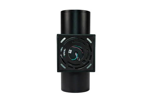 A black cylindrical camera lens adapter with a square filter mount and circular lens opening, shown against a plain white background.