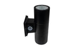A black cylindrical outdoor wall light with a mounting bracket, shown against a plain white background.