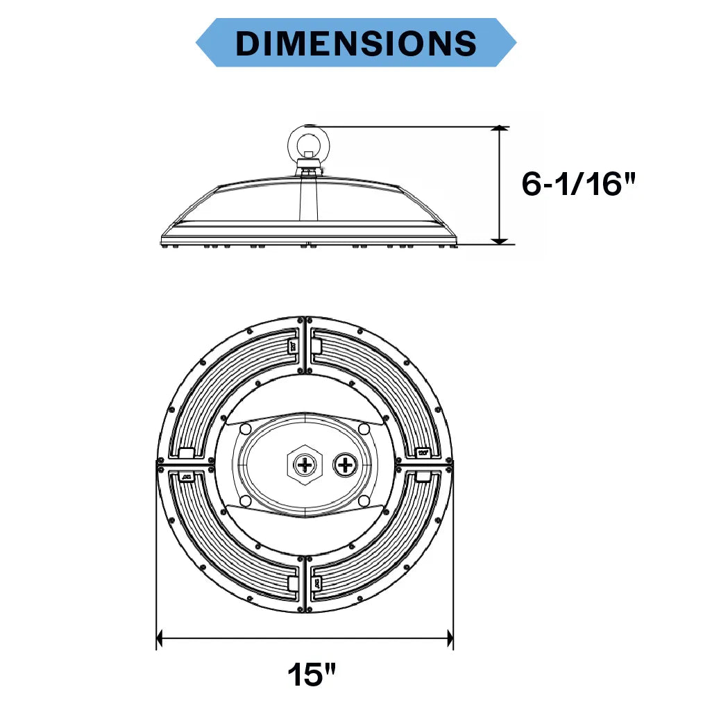 Technical dimension diagram of a circular light fixture with top and bottom views, labeled 'DIMENSIONS' at the top, showing a height of 6-1/16 inches and a diameter of 15 inches on a white background.