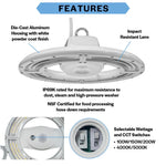 A product features infographic for a white industrial LED floodlight, showing labeled callouts for die-cast aluminum housing, impact-resistant lens, IP69K rating, NSF certification, and selectable wattage/CCT switches, with inset close-ups of the interior components.