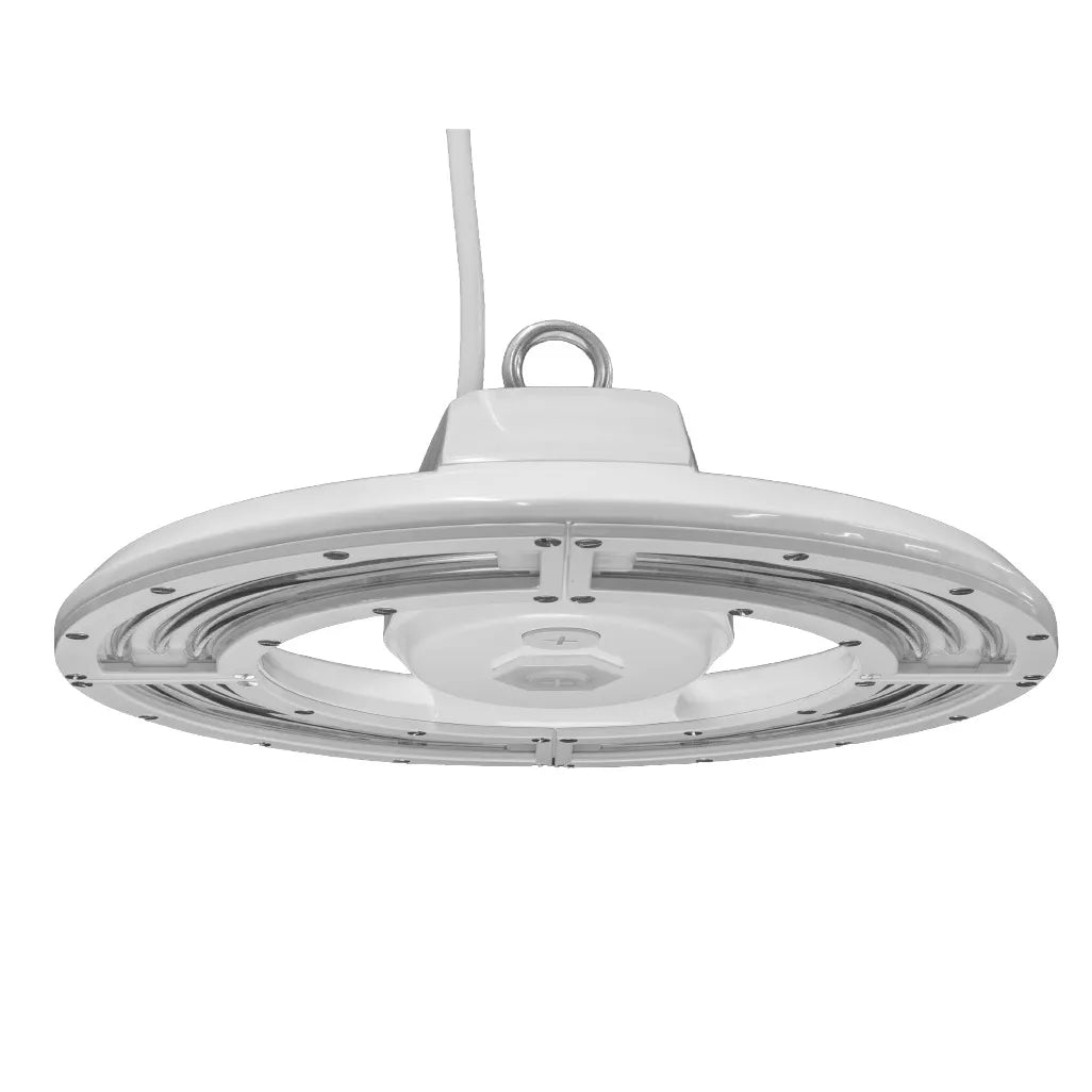 A white high-bay industrial pendant light with a circular design, suspended by a white cable from a metal ring, shown against a plain white background.