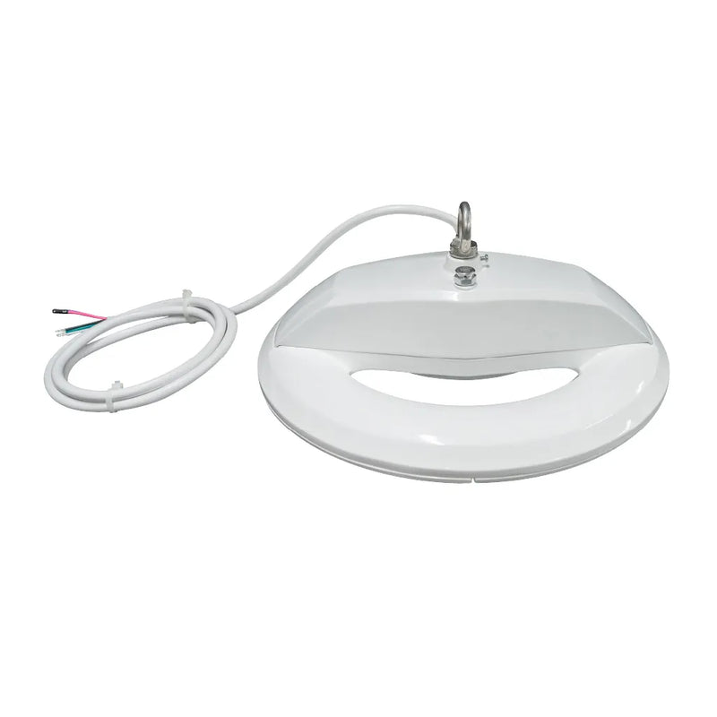 A white circular ceiling light fixture with a coiled white power cord and a silver metal mounting hook, shown on a plain white background.
