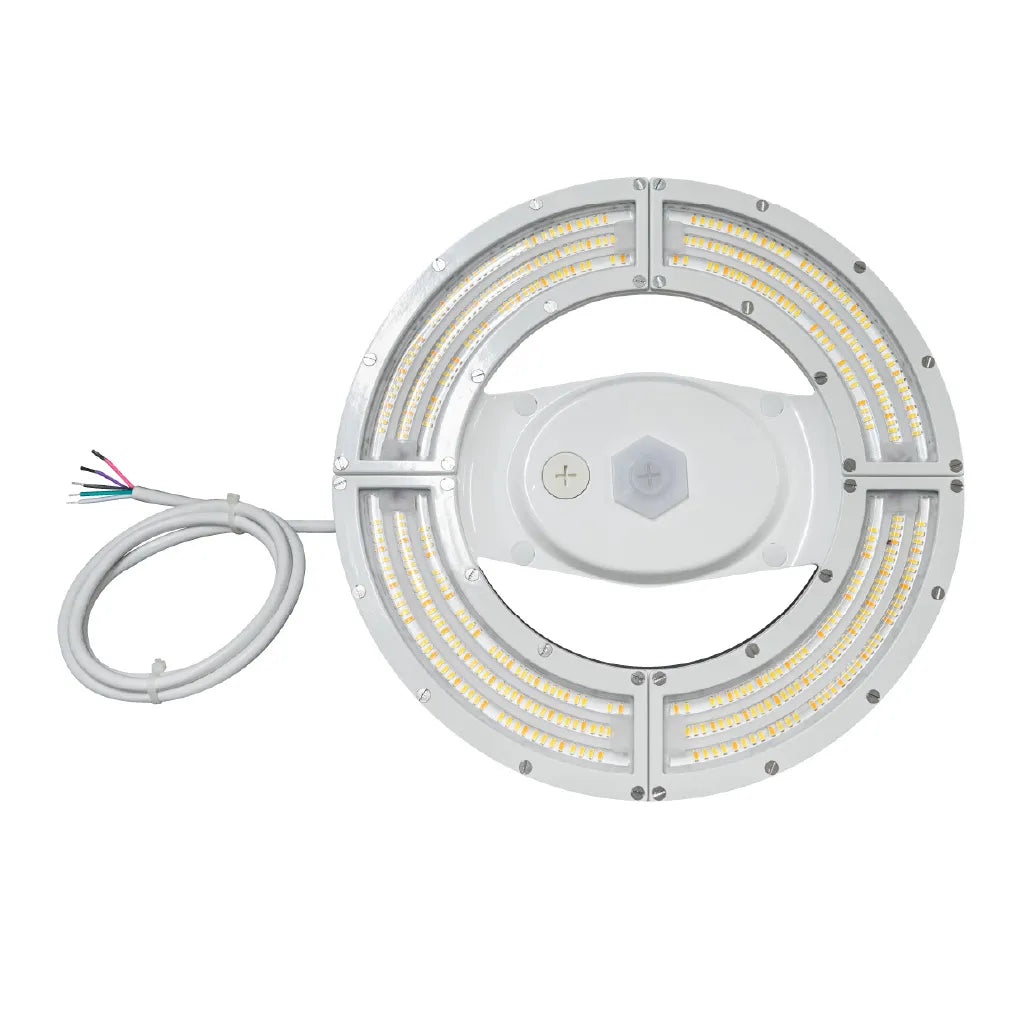 A circular LED light bar with multiple segments of warm white LEDs, a central white control module, and a coiled gray power cable with multi-colored wires on a plain white background.