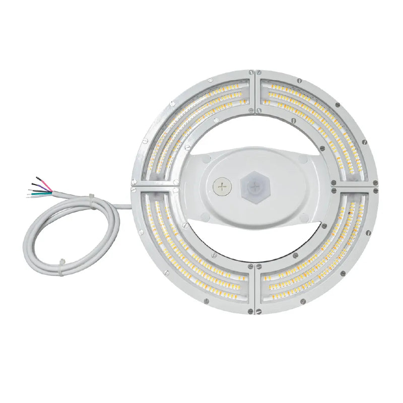 A circular LED light bar with multiple segments of warm white LEDs, a central white control module, and a coiled gray power cable with multi-colored wires on a plain white background.