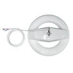 A white recessed ceiling light fixture with a circular ring shade, a mounting bracket, and a coiled white power cord with multi-colored wire ends, shown on a plain white background.