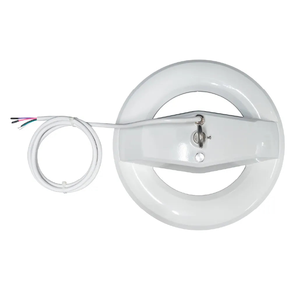 A white recessed ceiling light fixture with a circular ring shade, a mounting bracket, and a coiled white power cord with multi-colored wire ends, shown on a plain white background.