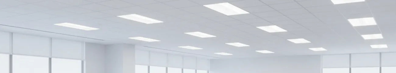 Empty open-plan office with LED troffer lights installed in a drop ceiling.