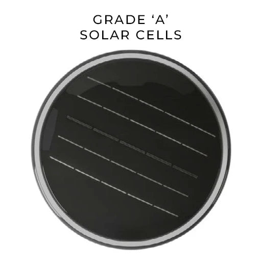 Black circular solar vandal resistant bollard light cell with silver metallic border and white grid lines