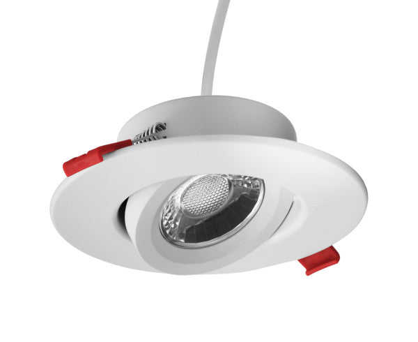 A white recessed LED downlight with red plastic side release tabs and a silver reflective interior, shown against a plain white background.
