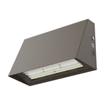100W LED wall pack with bronze housing and downward-facing LED array, front three-quarter view on white background