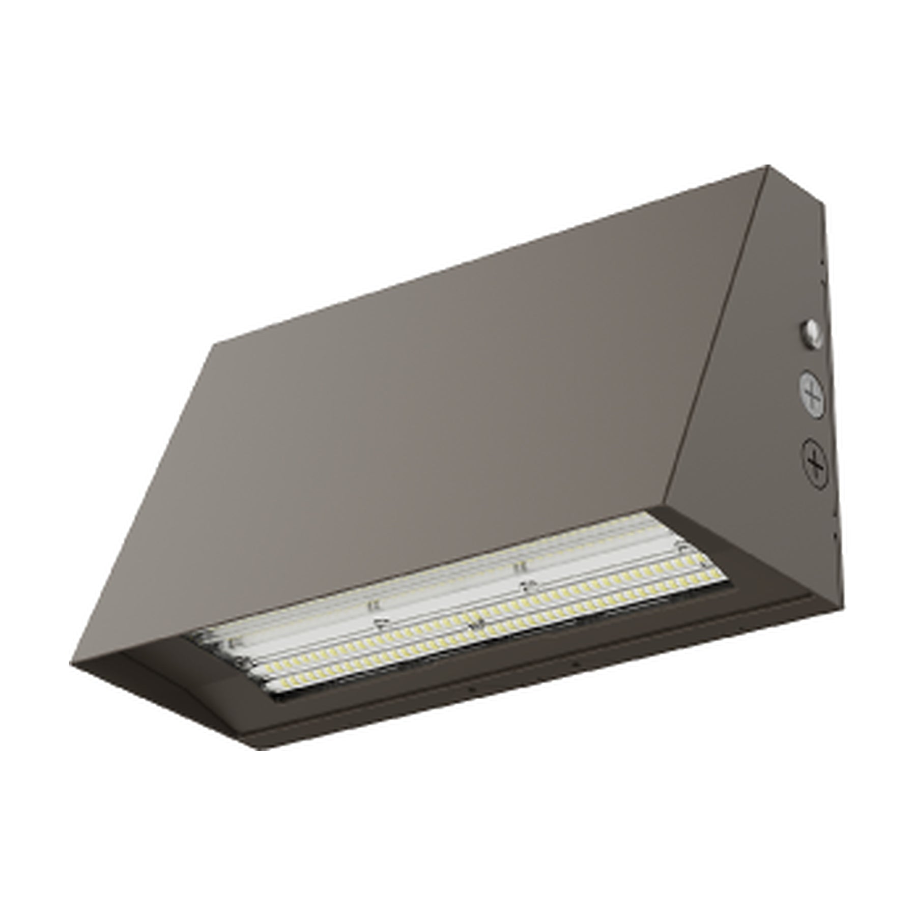 100W LED wall pack with bronze housing and downward-facing LED array, front three-quarter view on white background