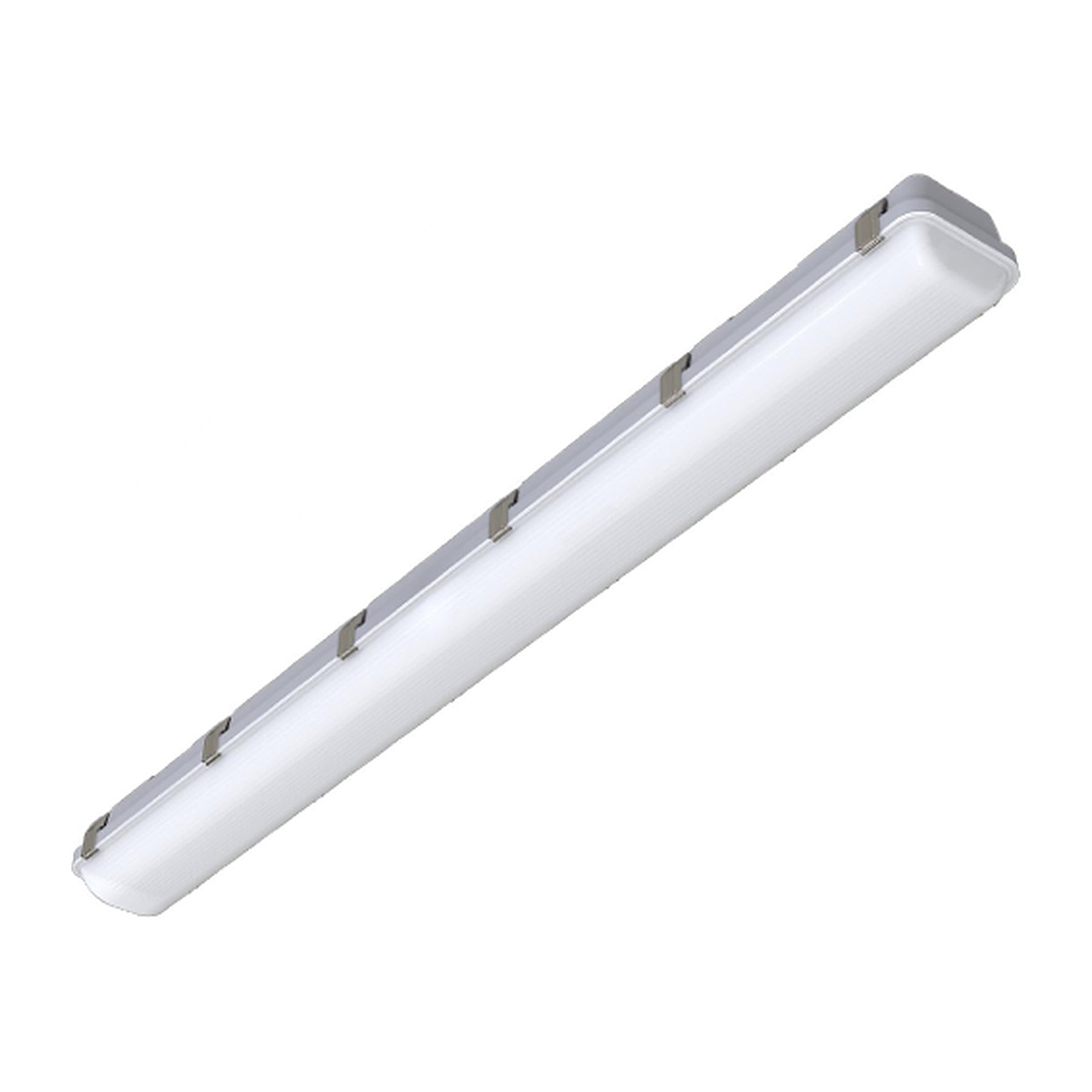 A long rectangular fluorescent light fixture with a white diffuser and silver metal housing, shown diagonally on a plain white background.