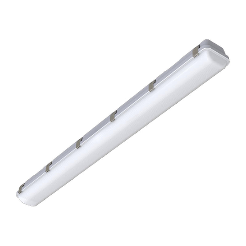 A long rectangular fluorescent light fixture with a white diffuser and silver metal housing, shown diagonally on a plain white background.