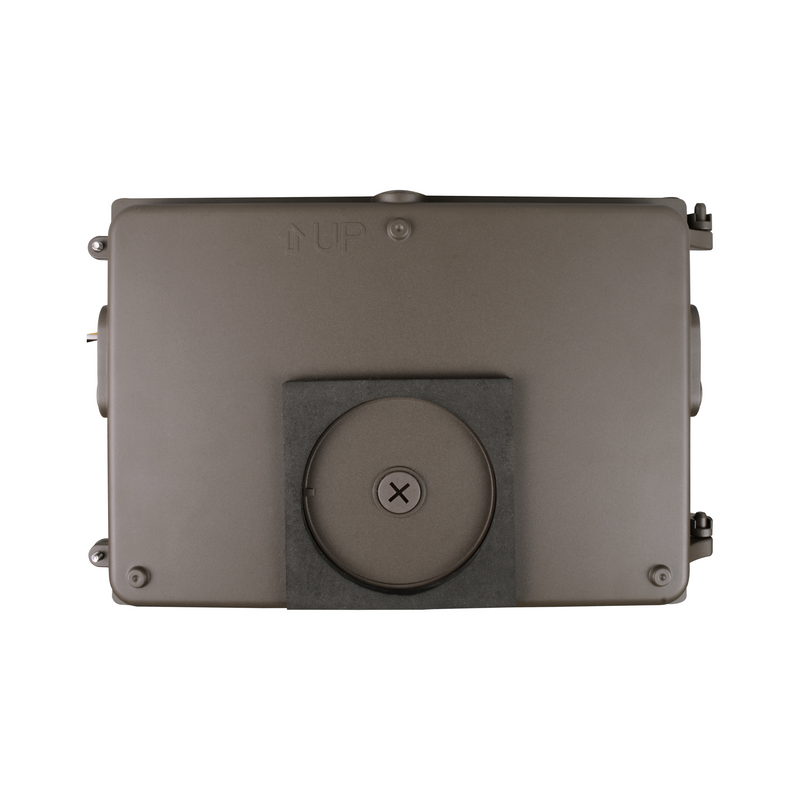 A rectangular gray metal electrical junction box with a circular cover secured by a central screw, shown against a plain white background.