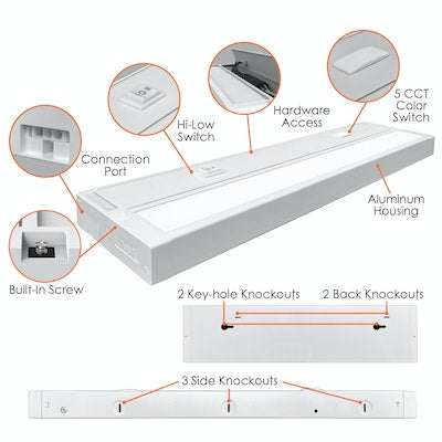 28" LED Undercabinet Light, 5-Color Temp, 12 watt, 120V, White
