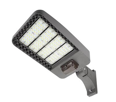 LED Shoebox Floodlight, 300 watt, 39,000 Lumens, shown with wall mount and motion sensor