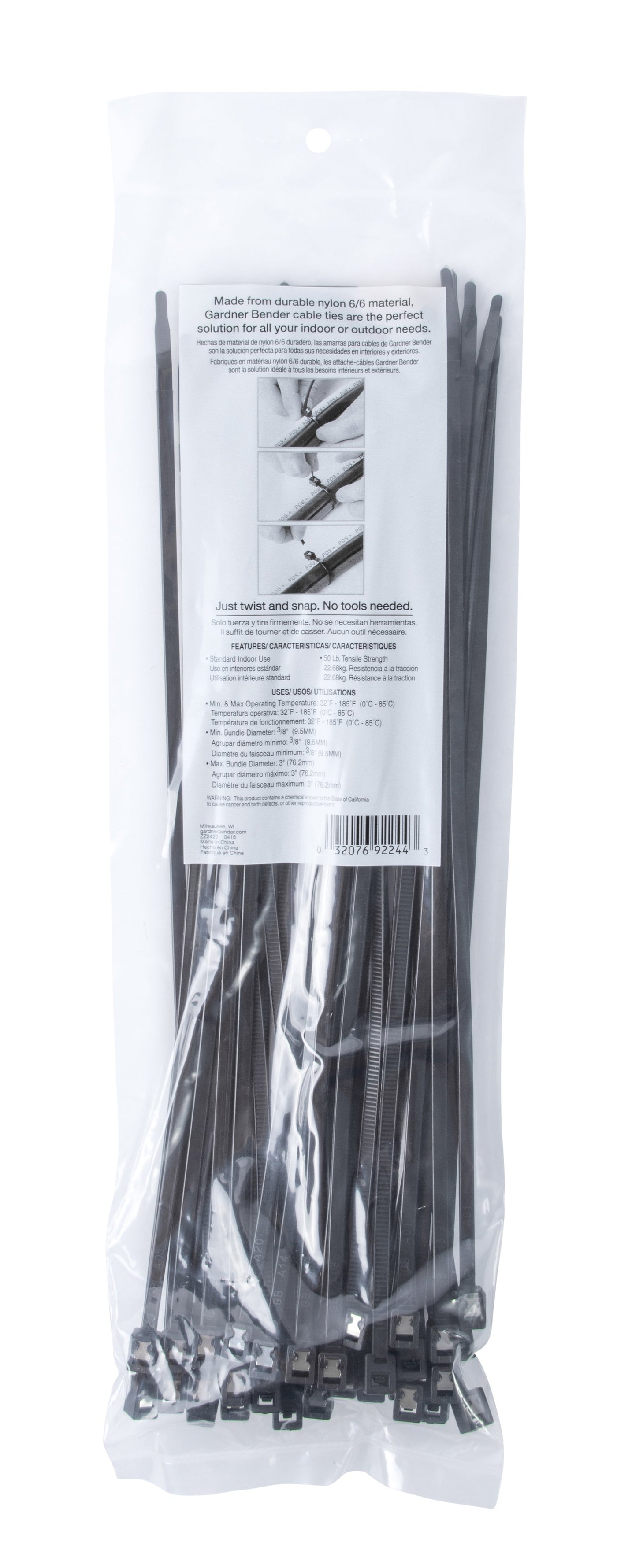 Gardner Bender 46-311UVBSC 11" Self Cutting Cable Tie, black, 50lb; 50 per bag