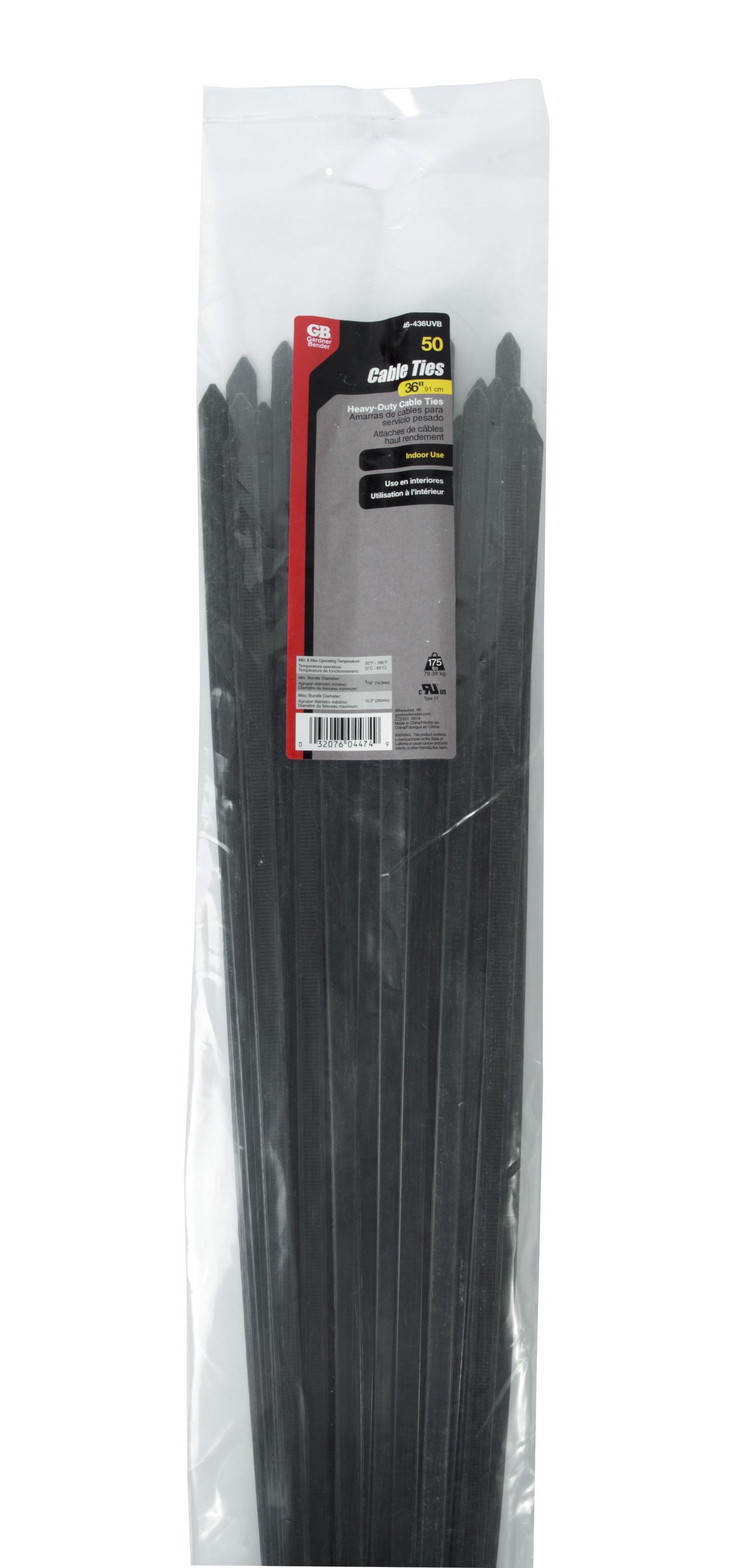 Gardner Bender 46-436UVB Cable tie, Heavy-duty, 36", 175lb, Black; 50/bag