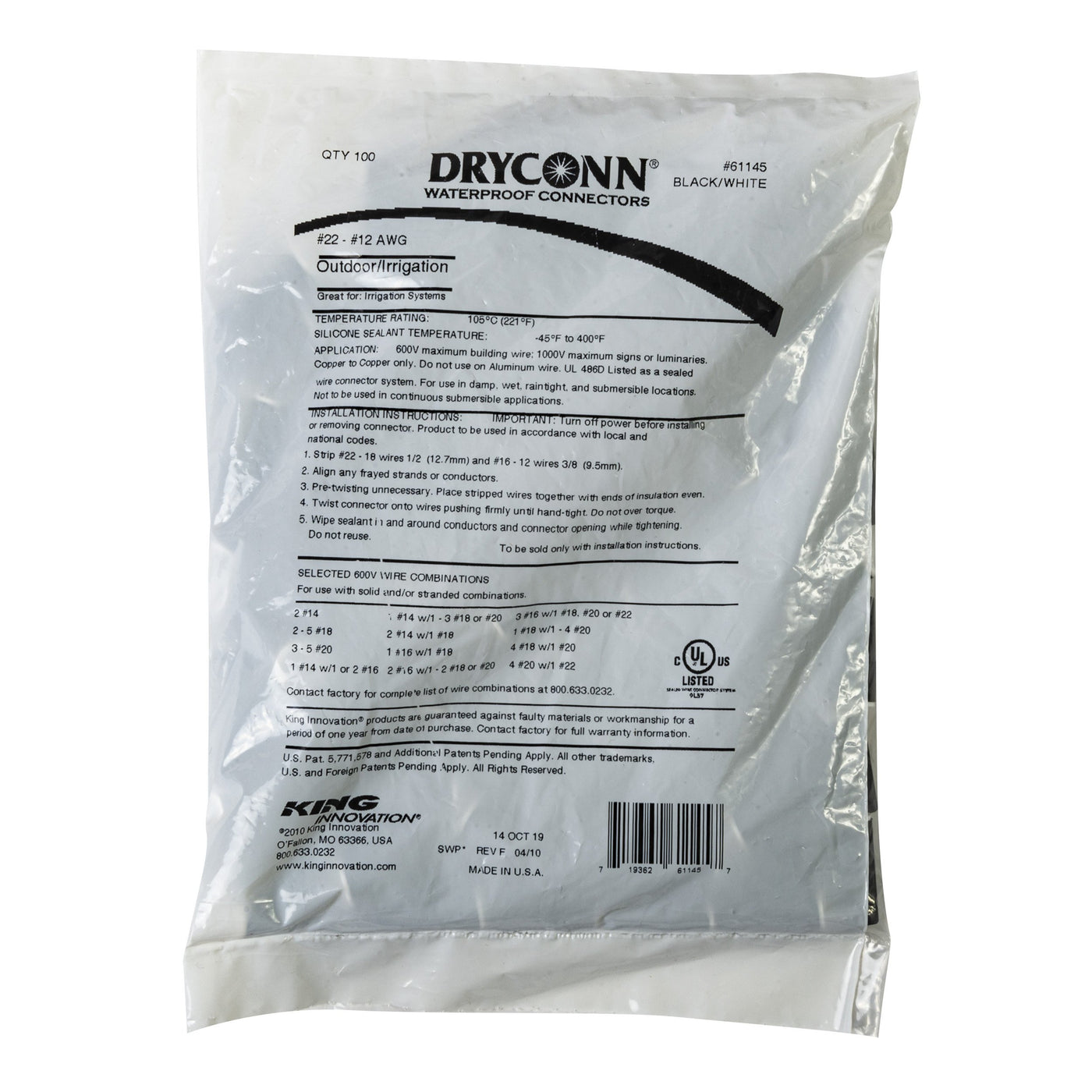 King Innovation 61145 Dryconn Waterproof Wire Connectors, Black/White; 100/Bag