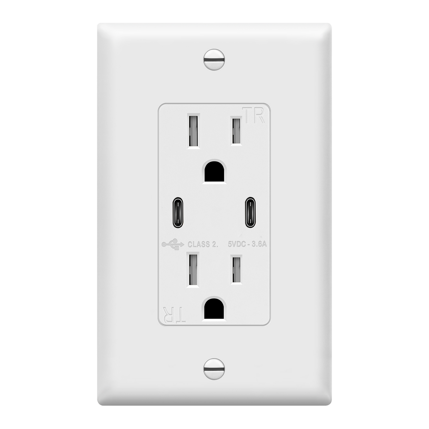 3.6A Dual USB Type C Wall Outlet Charger with 15A Tamper-Resistant Receptacle