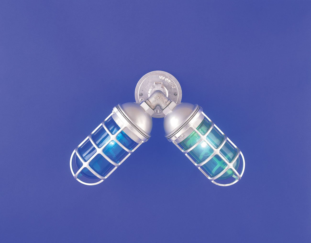 Hi-Lite 2-Light Boat Dock Vapor Jar 2VB with Cast Guard (shown with Galvanized Finish and Blue and Green Glass)