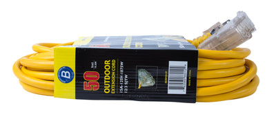 Bergen Industries OC501233T Extension Cord 50ft  SJTW Yellow  12/3  Lighted End  Triple Tap