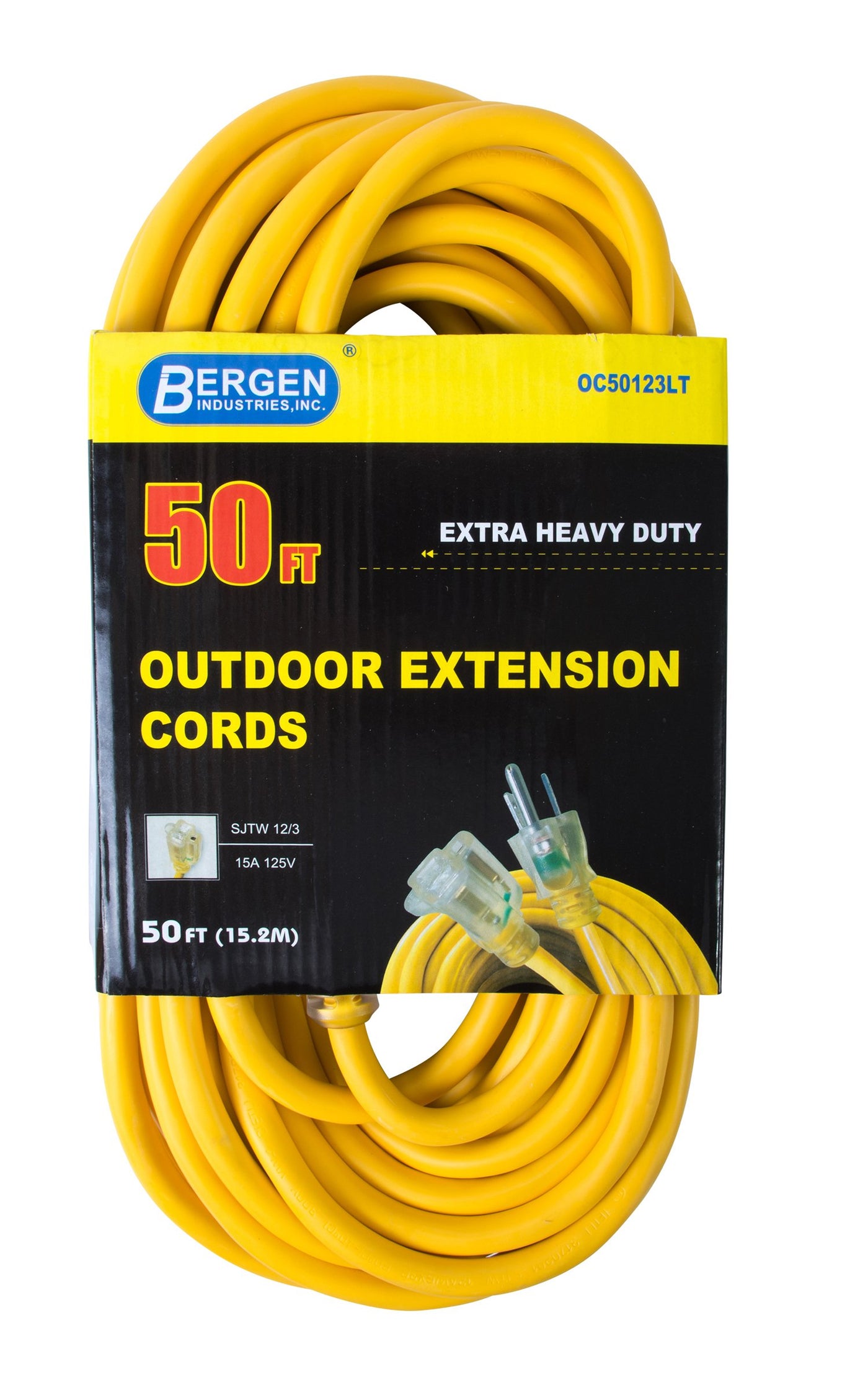 Bergen Industries OC50123LT Extension Cord 50ft  SJTW Yellow  12/3  Lighted End