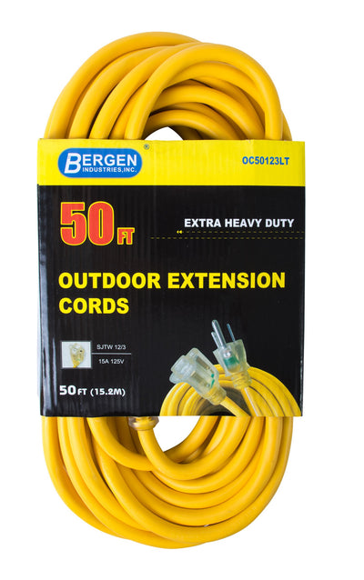 Bergen Industries OC50123LT Extension Cord 50ft  SJTW Yellow  12/3  Lighted End