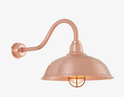 Hi-Lite 17" Warehouse Shade (Raw Copper Finish, shown w/cast guard, ribbed glass + goose neck arm and decorative wall mount cover)