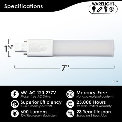 6 Watt PL Lamp GX23 Hybrid, 120-277V, 600 Lumens, 4000K or 5000K