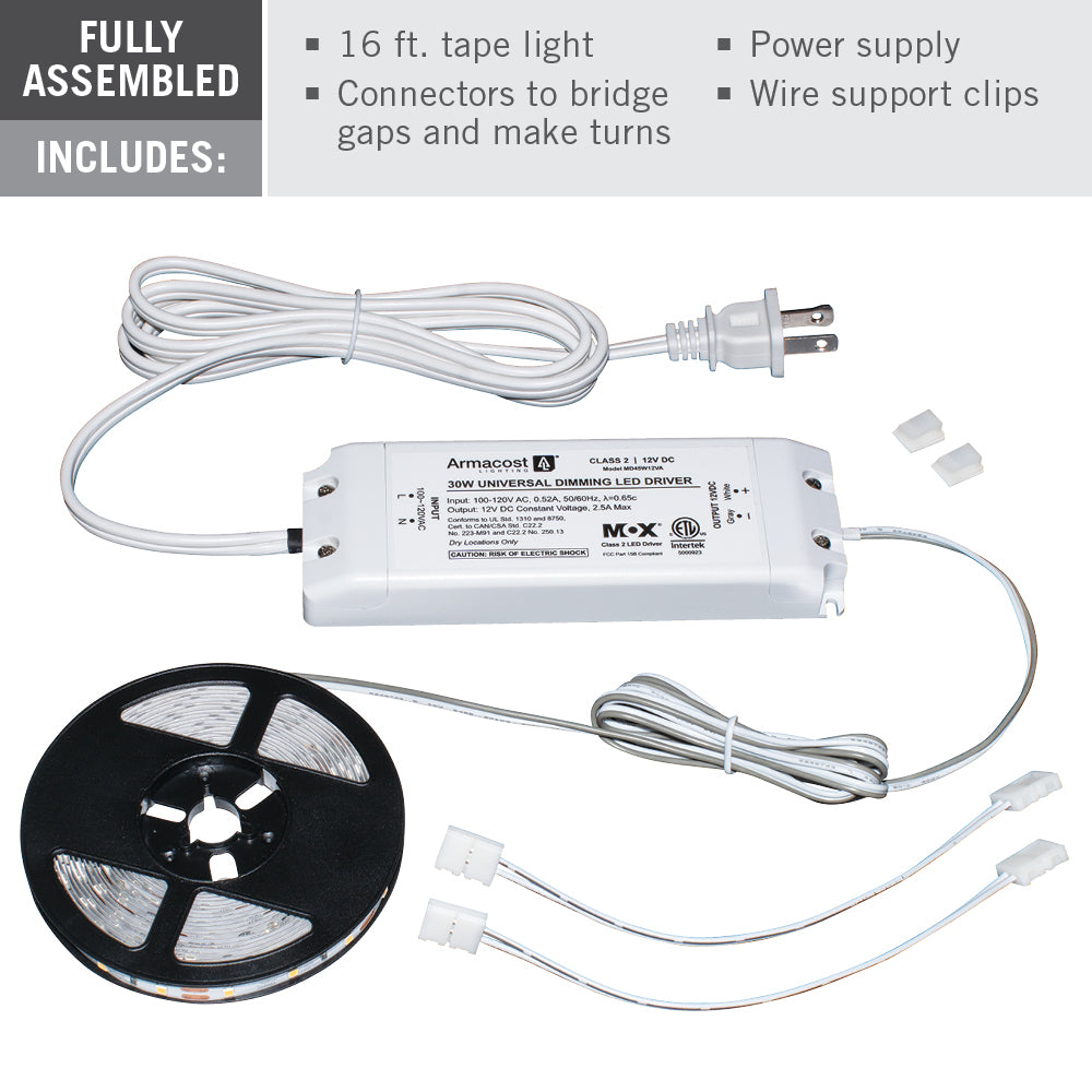 RibbonFlex Home AC Dimmable Warm White LED Tape Light Kit, 16 ft. (5m), 2700K, 3000K or 4000K, 120V