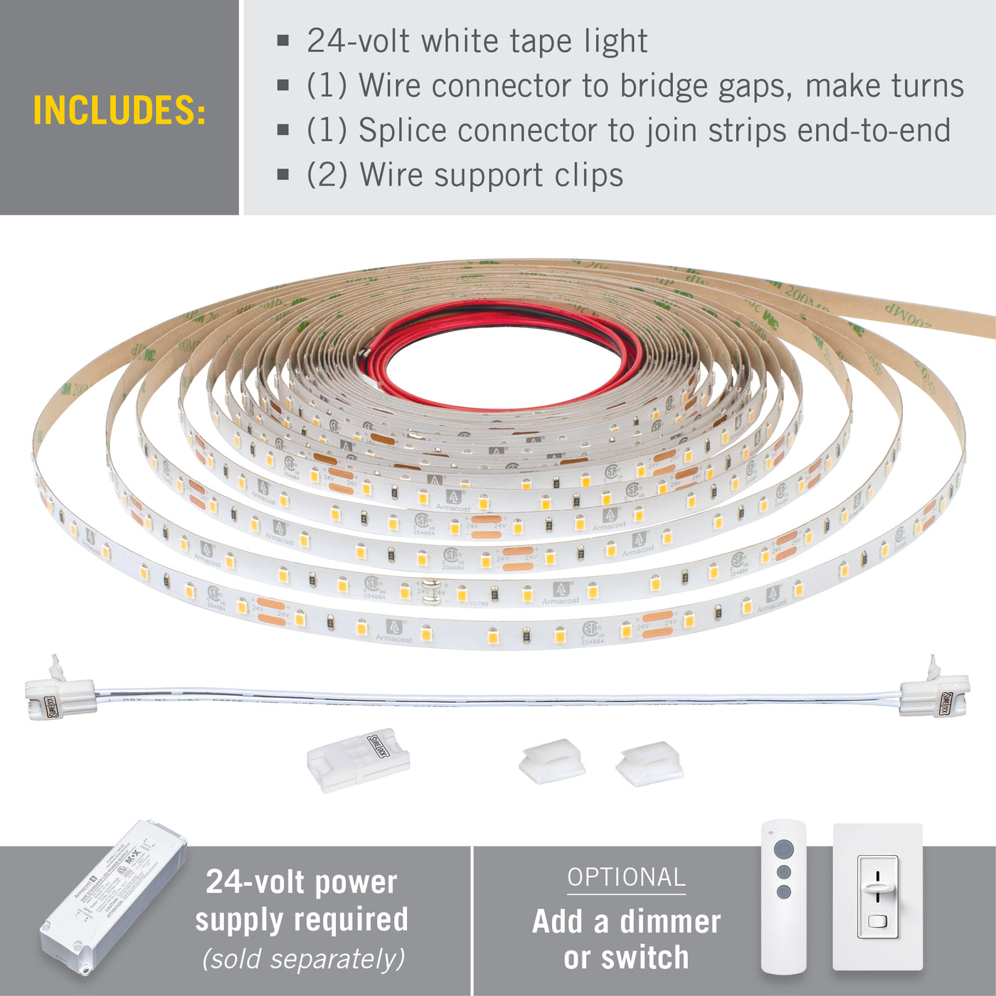 RibbonFlex Pro 24V White LED Strip Light Tape 60 LED/m, 16ft or 32 ft, 2700K, 3000K, or 4000K