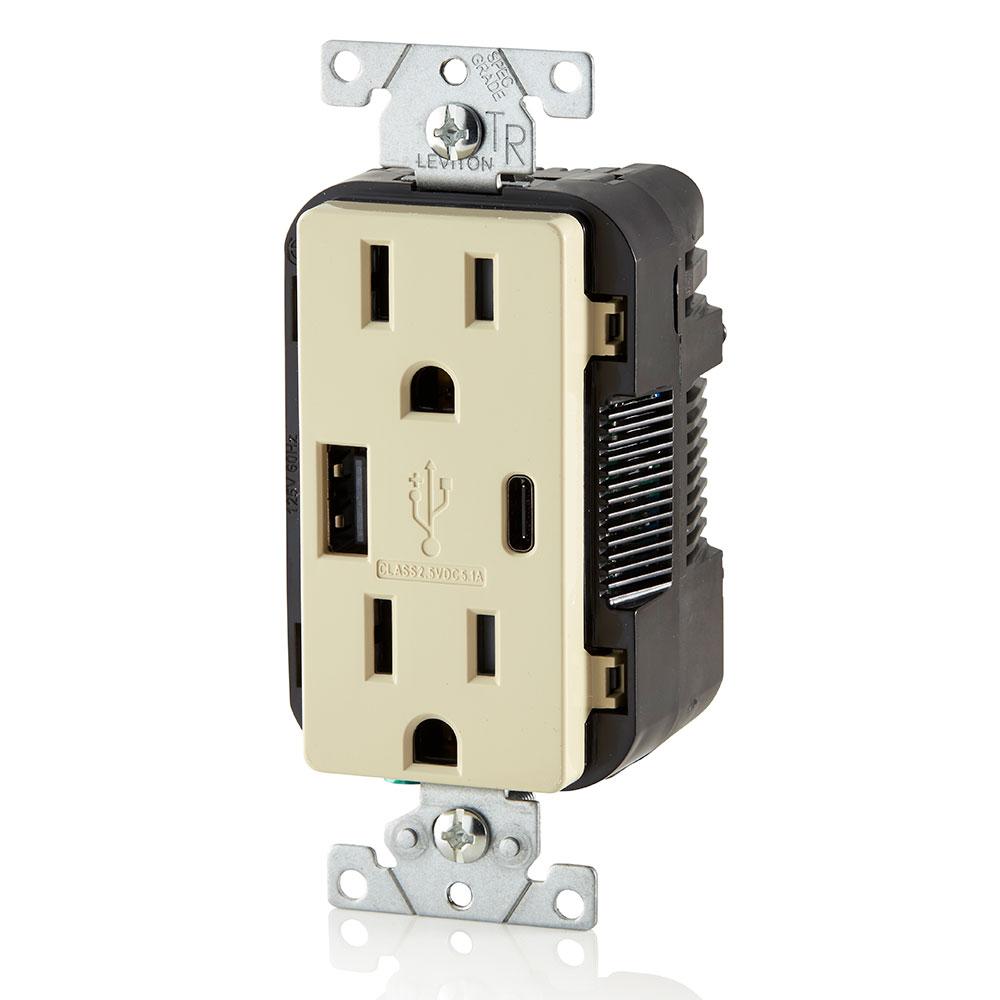 Combination Duplex Receptacle/Outlet and USB Charger. 15 Amp, 125 Volt, Decora Tamper-Resistant Receptacle/Outlet, Back Wired - Ivory