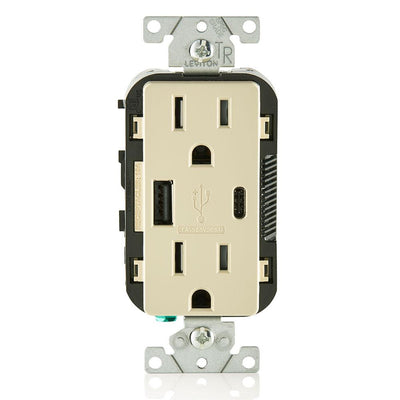 Combination Duplex Receptacle/Outlet and USB Charger. 15 Amp, 125 Volt, Decora Tamper-Resistant Receptacle/Outlet, Back Wired - Ivory