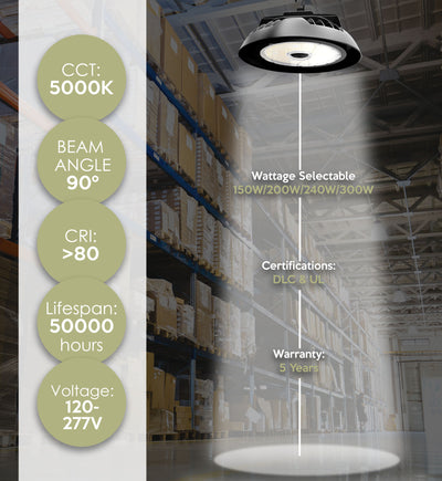 Westgate LED UFO High Bay, 150-300 Watt Selectable, Dimmable, 120-277V, 5000K, Comparable to 750 Watt Fixture