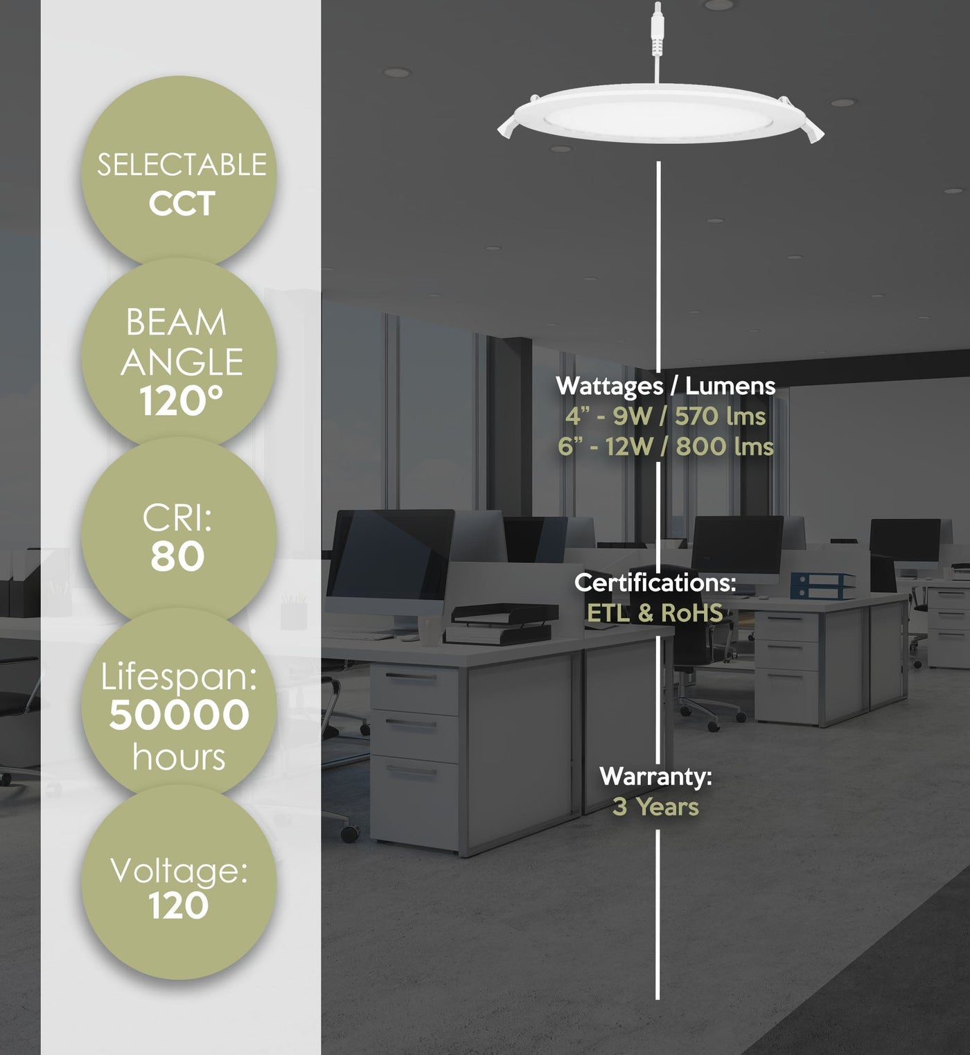 4 Inch LED Round Wafer Down Light, 120V, CCT Selectable: 2700K/3000K/3500K/4000K/5000K