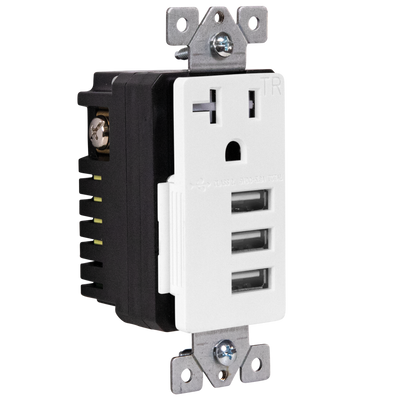 5.8A Three USB Type A Wall Outlet Charger  with Single 20A Tamper-Resistant  Receptacle