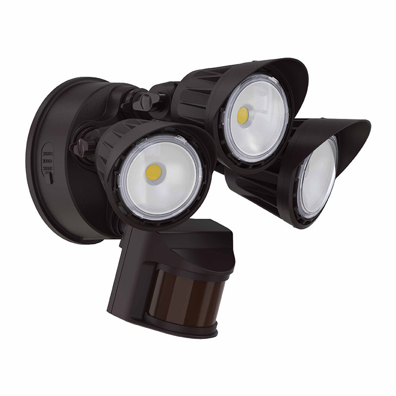 3 Head LED Security Light, 2800 Lumens, 30 watt, 120V, CCT Selectable, Bronze or White Finish, With PIR Sensor