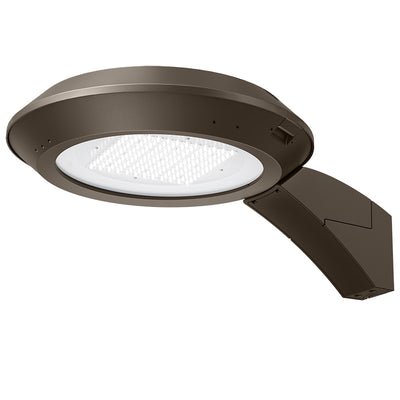 Post Disk Light With Pole and Wall Mount, 9000 Lumens, 18W/30W/45W/60W Selectable, 120-277V, CCT Selectable 3000K/4000K/5000K, Bronze Finish